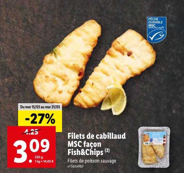 filets de cabillaud msc façon fish & chips