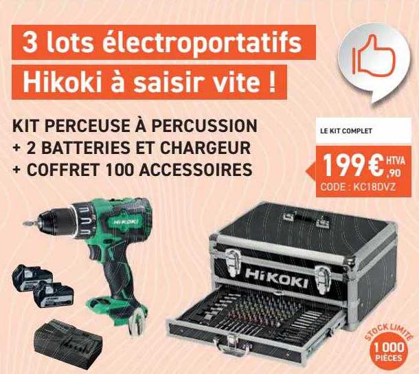 kit perceuse à percussion + 2 batteries et chargeur + coffret 100 accessoires hikoki