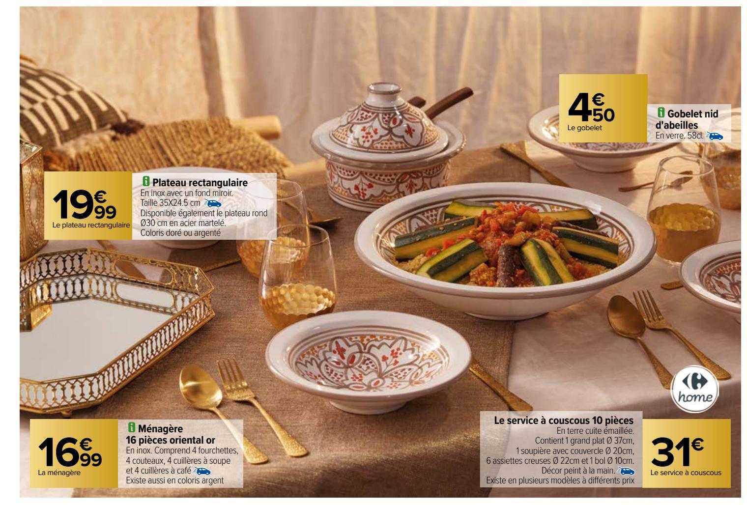 plateau rectangulaire, ménagère 16 pièces oriental or, le service à couscous 10 pièces, gobelet nid d'abeilles