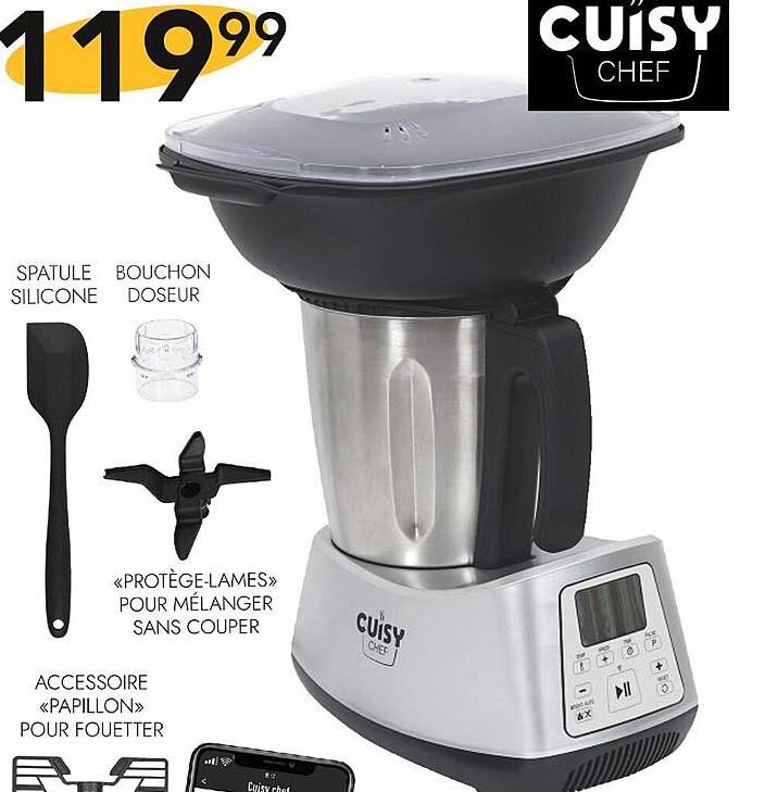 spatule silicone, bouchon doseur, «protège-lames» pour mélanger sans couper, accessoire «papillon» pour fouetter