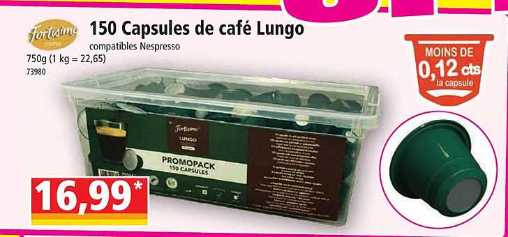 150 capsules de café lungo compatibles nespresso fortisima