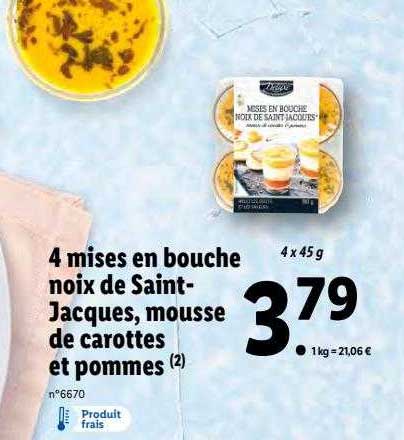 4 mises en bouche noix de saint-jacques, mousse de carottes et pommes deluxe