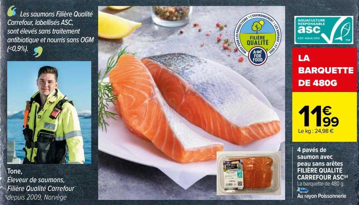 4 pavés de saumon avec peau sans arêtes filière qualité carrefour asc