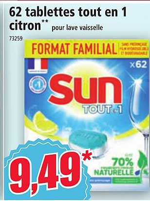 62 tablettes tout en 1 citron pour lave vaisselle sun