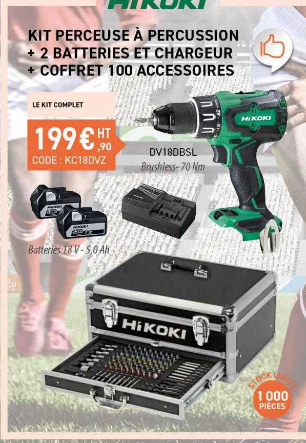 kit perceuse à percussion + 2 batteries et chargeur + coffret 100 accessoires hikoki