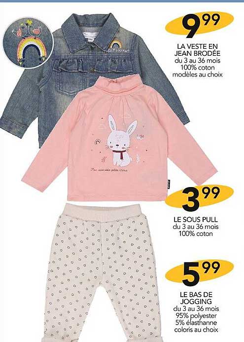 la veste en jean brodée, le sous pull, le bas de jogging