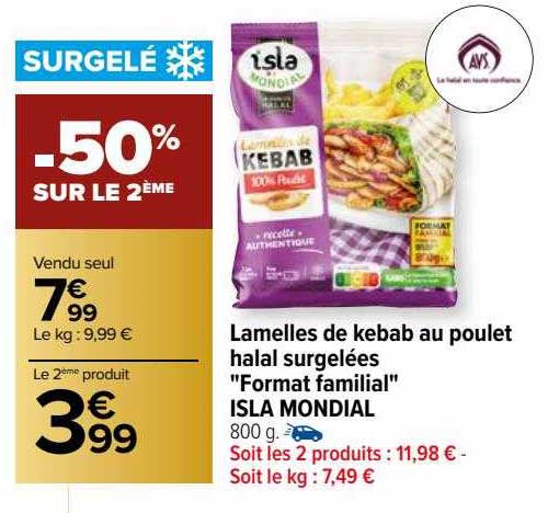 lamelles de kebab au poulet halal surgelées "format familial" isla mondial