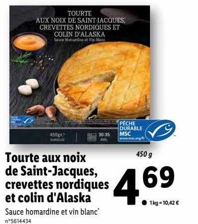 tourte aux noix de saint-jacques, crevettes nordiques et colin d'alaska