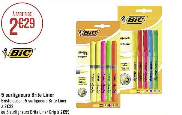 5 surligneurs brite liner bic