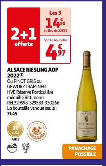 alsace riesling aop 2022 ou pinot gris ou gewurztraminer hve réserve particulière médaillé rittimann