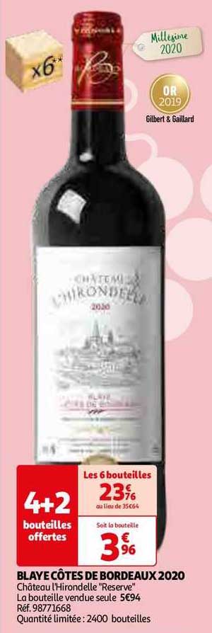 blaye côtes de bordeaux 2020 château l'hirondelle "réserve"