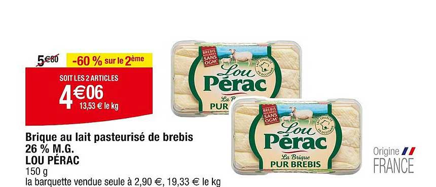 brique au lait pasteurisé de brebis 26% m.g. lou pérac