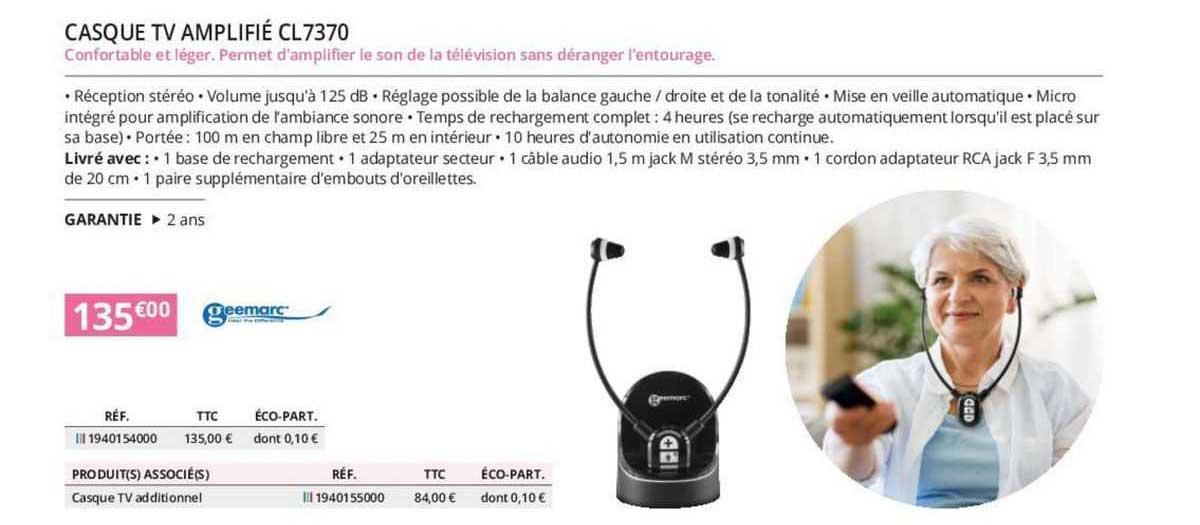 Casque Tv Amplifié Cl7370 Geemarc