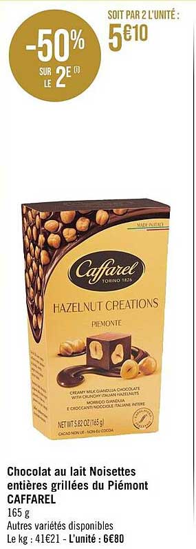 Chocolat Au Lait Noisettes Entières Grillées Du Piémont Caffarel