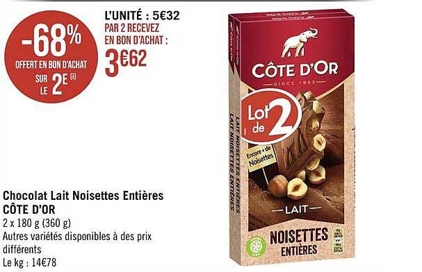 Chocolat Lait Noisettes Entières Côte D'or