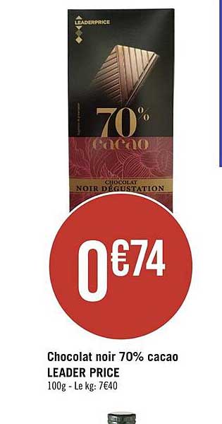 chocolat noir 70% cacao leader price