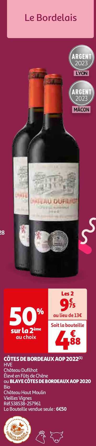 côtes de bordeaux aop 2022 hve château difihot élevé en fûts de chêne ou blaue côtes de bordeaux aop 2020 bio château haut moulin vieilles vignes