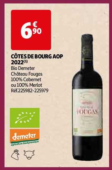 côtes de bourg aop 2022 bio demeter château fougas 100% cabernet ou 100% merlot