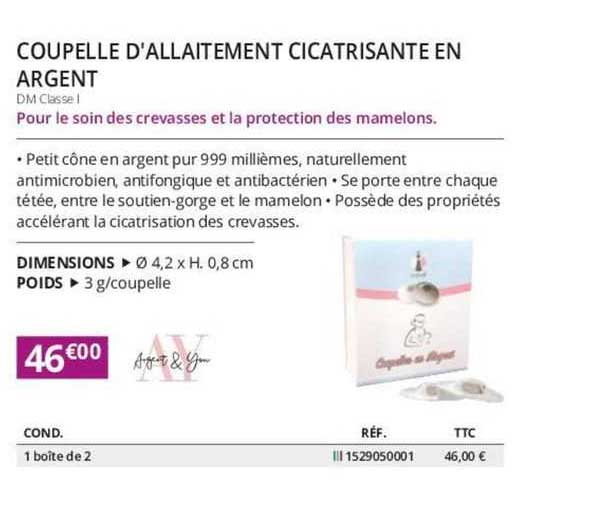 coupelle d'allaitement cicatrisante en argent