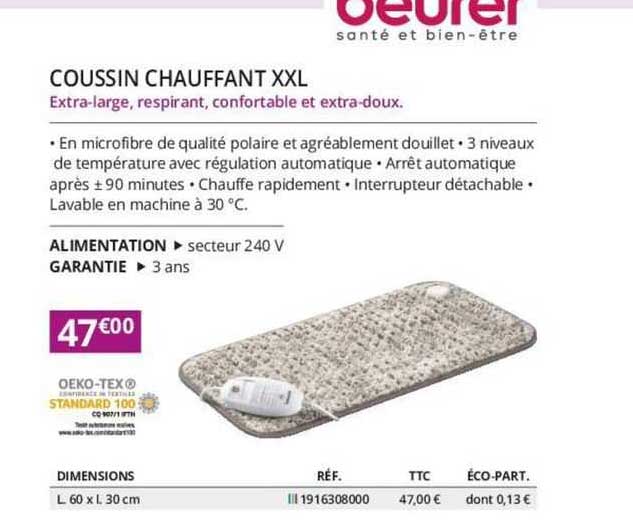 coussin chauffant beurer xxl oeko-tex