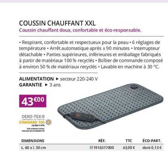 coussin chauffant xxl oeko-tex