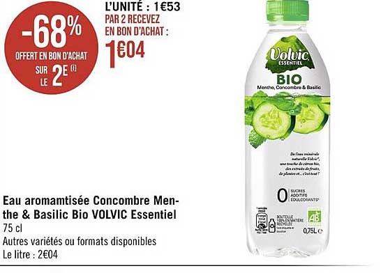 Eau Aromatisée Concombre Menthe & Basilic Bio Volvic Essentiel