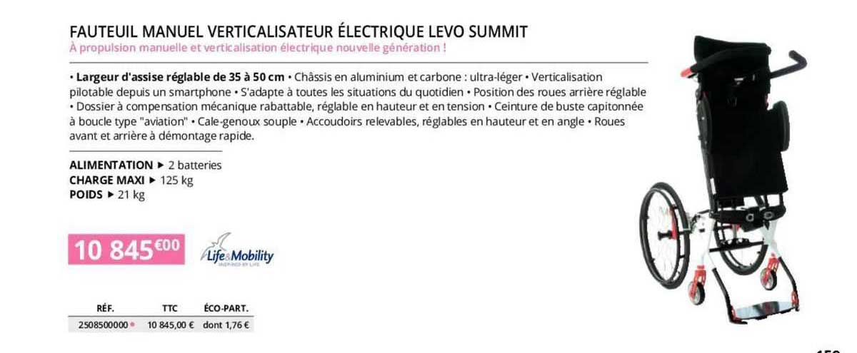 fauteuil manuel verticalisateur électrique levo summit life&mobility