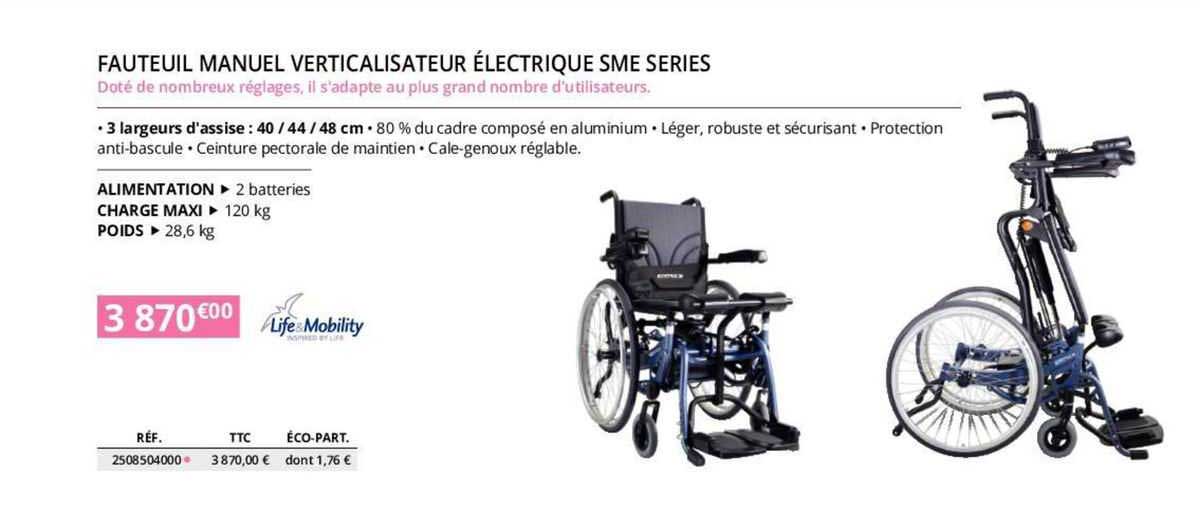 fauteuil manuel verticalisateur électrique sme series life mobility