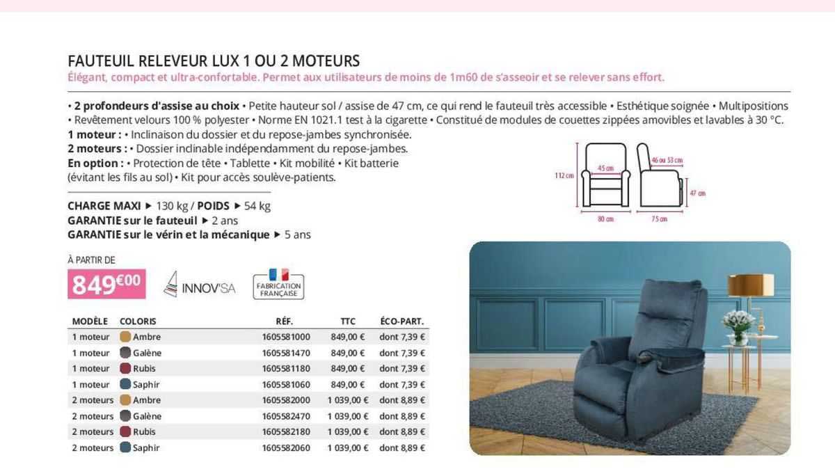 fauteuil releveur lux 1 ou 2 moteurs innov'sa