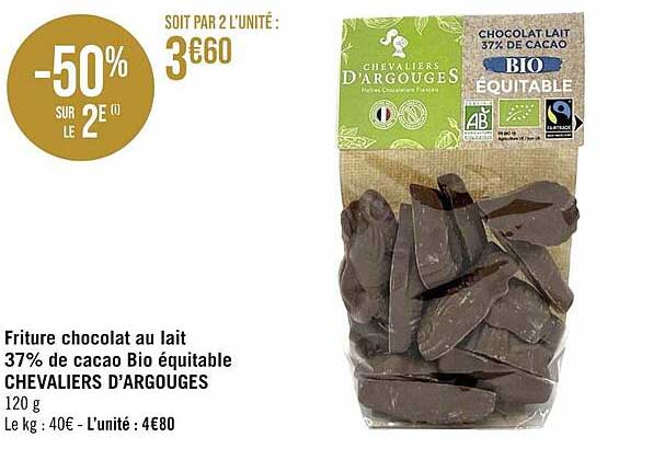 friture chocolat au lait 37% de cacao bio équitable chevaliers d'argouges