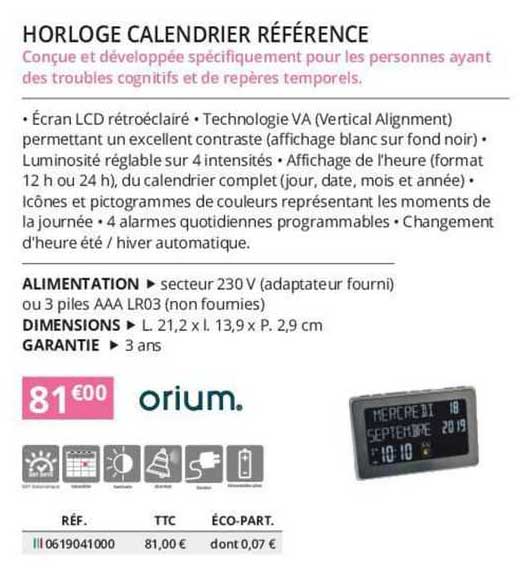 horloge calendrier référence orium.