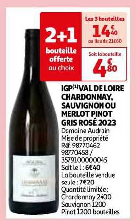 igp val de loire chardonnay, sauvignon ou merlot pinto gris rosé 2023 domaien audrain