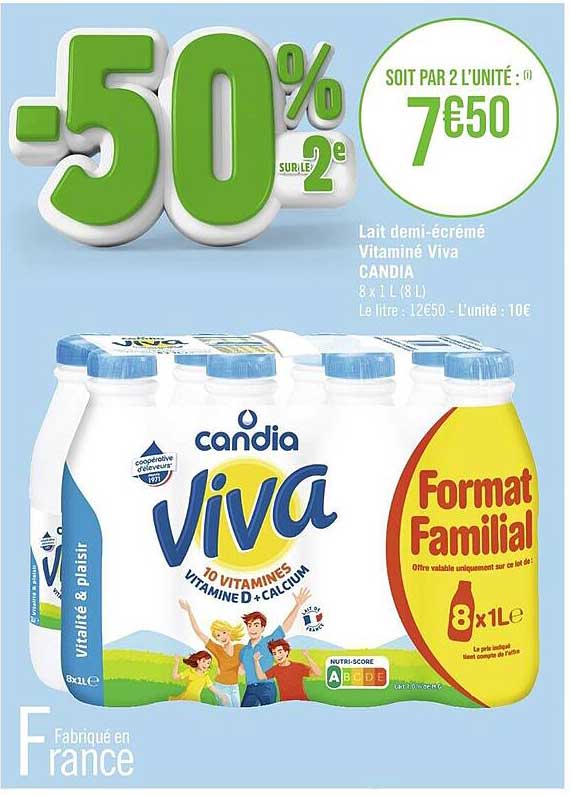 lait demi-écrémé vitaminé viva candia