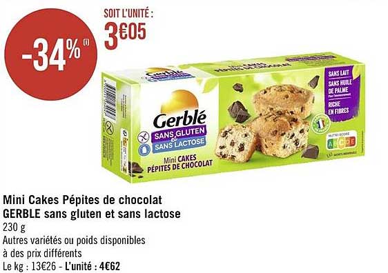 mini cakes pépites de chocolat gerble sans gluten et sans lactose