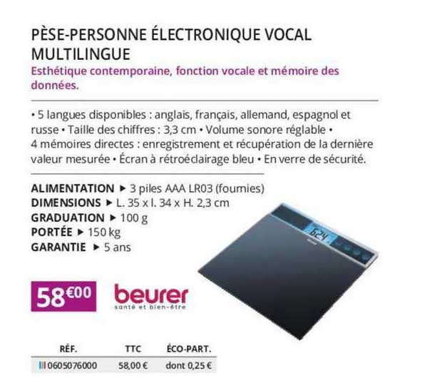 pèse-personne électronique vocal multilingue beurer