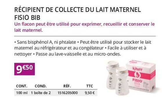 récipient de collecte du lait maternel fisio bib