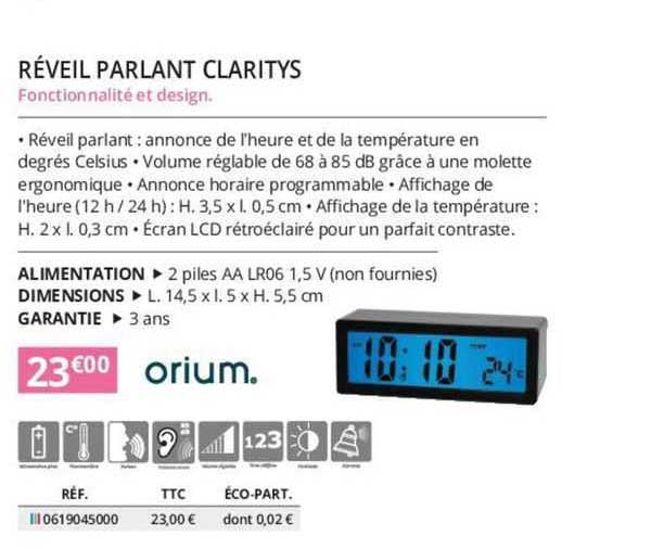 réveil parlant claritys orium.