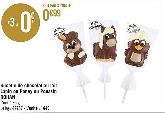 sucette de chocolat au lait lapin ou poney ou poussin rohan