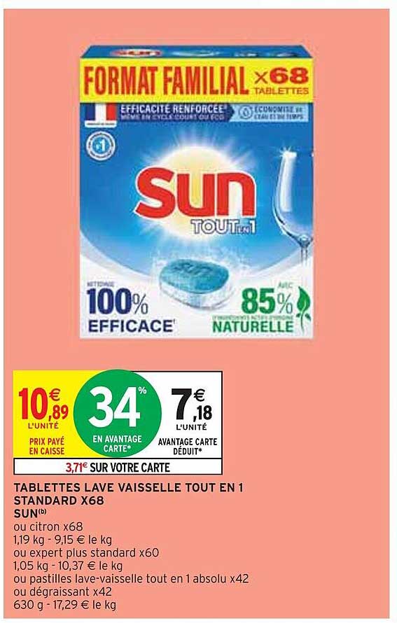 tablettes lave vaisselle tout en 1 standard x 68 sun