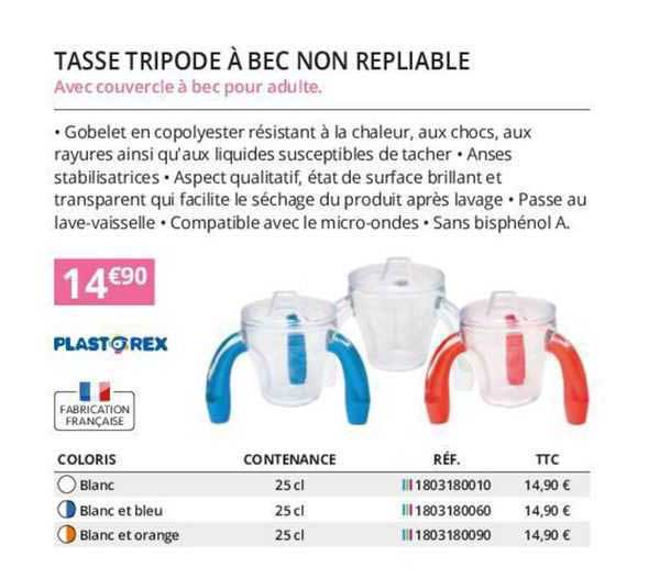 tasse tripode à bec non repliable plastorex