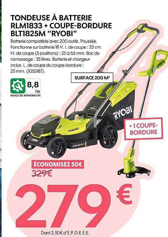 tondeuse à batterie RLM1833 + coupe-bordure BLT1825M "ryobi"