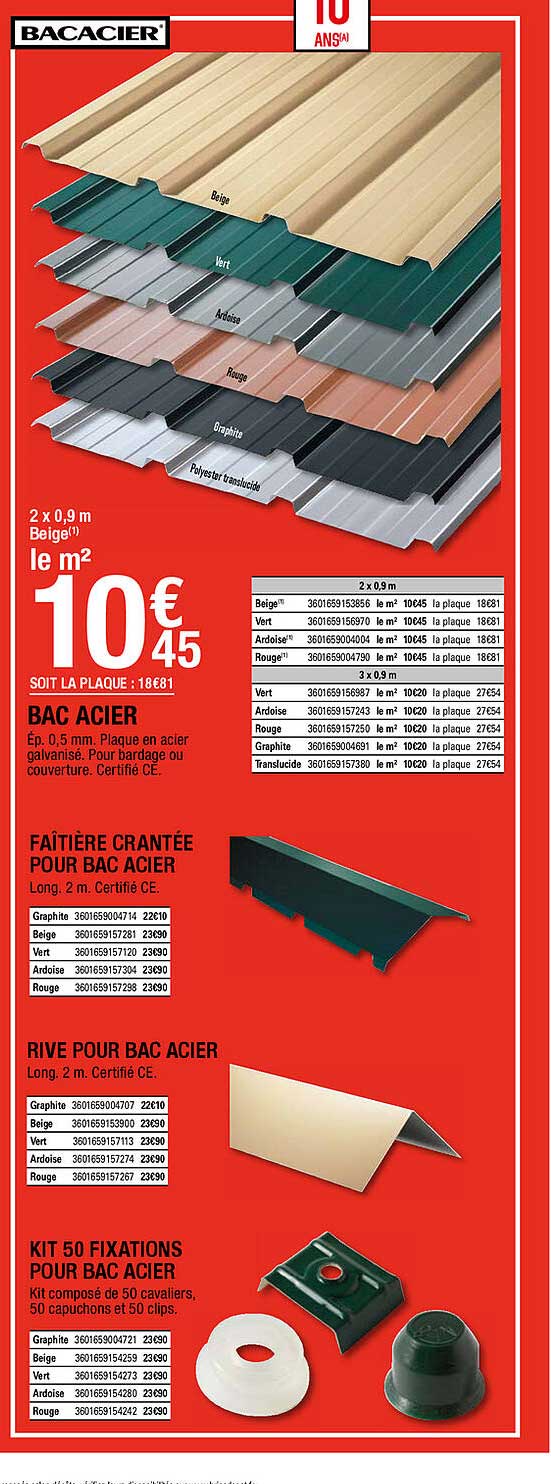 bac acier, faîtière crantée pour bac acier, rive pour bac acier, kit 50 fixations pour bac acier