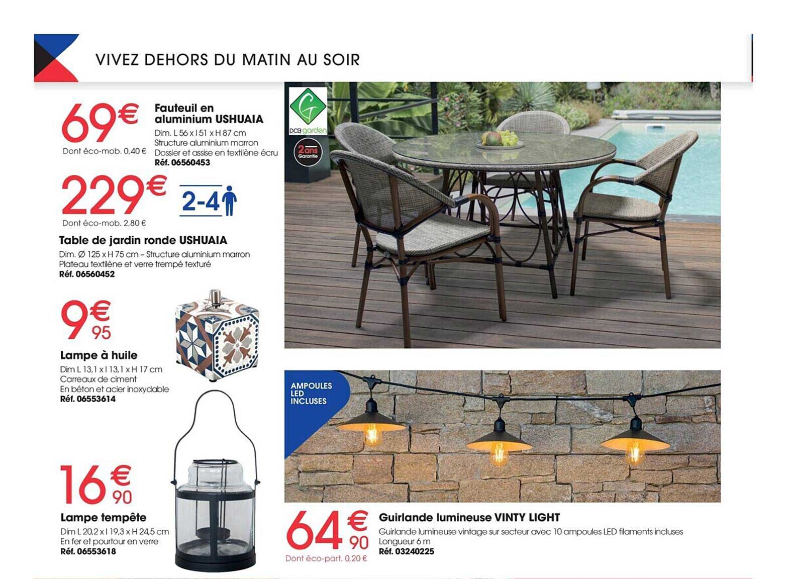 fauteuil en aluminium ushuaia, table de jardin ronde ushuaia, lampe à huile, lampe tempête, guirlande lumineuse vinty light