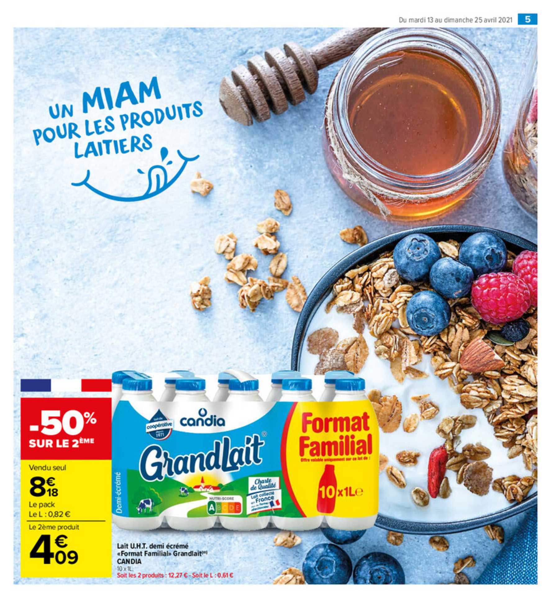 lait u.h.t. demi-écrémé «format familial» grandlait candia