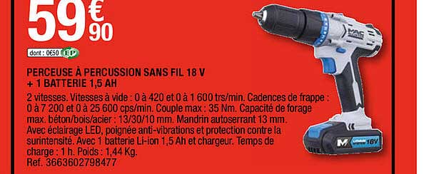 perceuse à percussion sans fil 18 v + 1 batterie 1,5 ah mac allister
