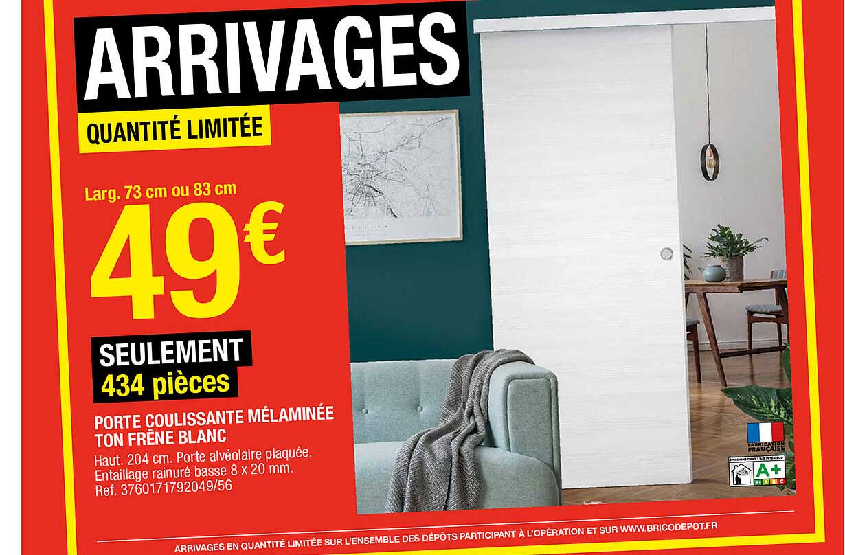 porte coulissante mélaminée ton frêne blanc