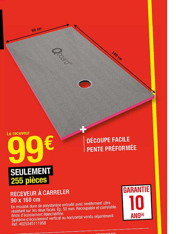 receveur à carreler 90 x 160 cm