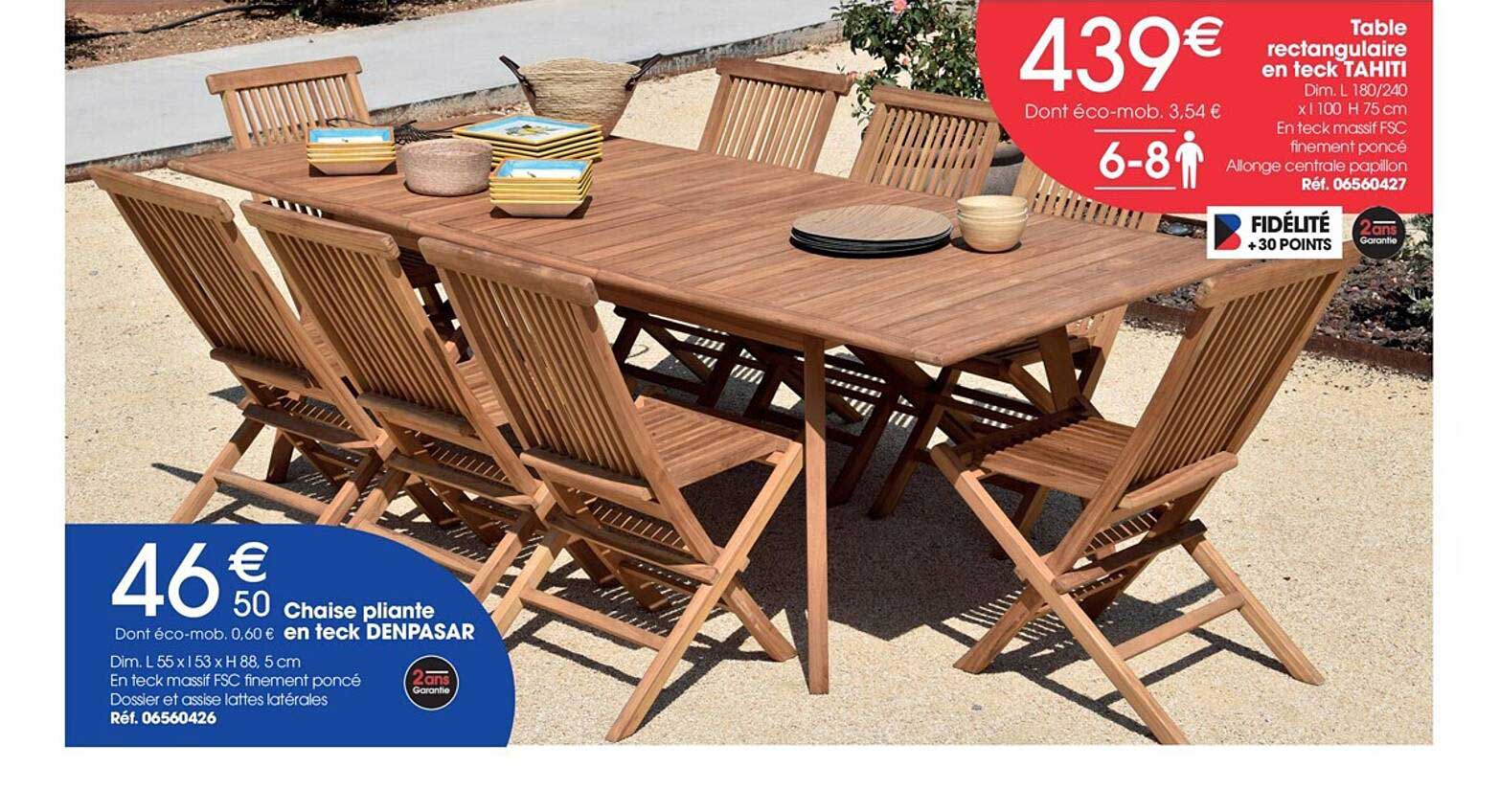 table rectangulaire en teck tahiti, chaise pliante en teck denpasar