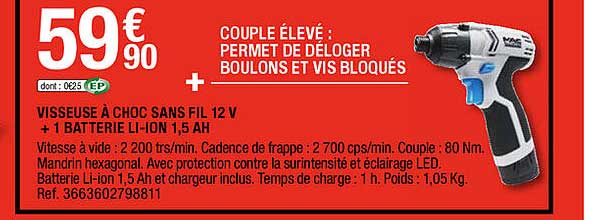 visseuse à choc sans fil 12 v + 1 batterie li-ion 1,5 ah