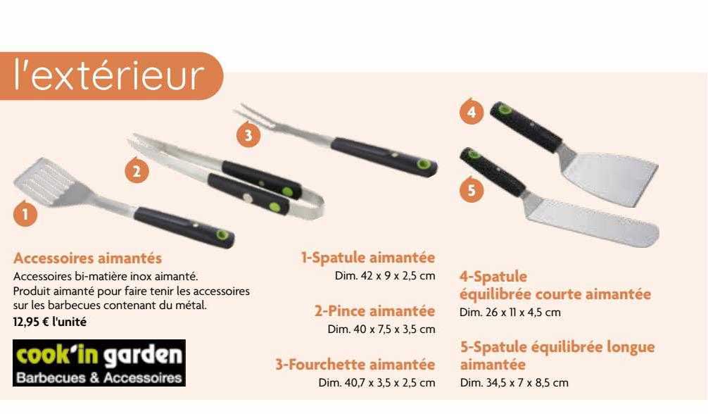 accessoires aimantés, spirale aimantée, pince aimantée, fourchette aimantée, spatule équilibrée courte aimantée, spatule équilibrée longue aimantée